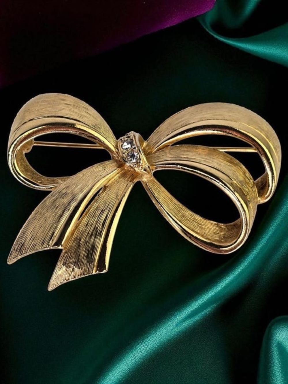 Vintage Gold Ribbon Bow Brooch with Clear Stones - Women Jewelry